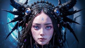 beautiful faced lady techno shaman, wearing techno shamanism style and futuristic filigree ornate costume adorned wirh futuristic techno shamanism style lace, ornated textured futuristic filigree and metal techno shamanism costume headdress organic bio spinal ribbed detaIL OF TEchno shamanism and cybertech mixed style moonlight background intricate details, extremely hyperrealistic maximalist portrait