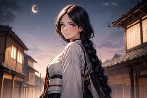 A stunning masterpiece of a woman, Unohana Retsu, stands majestically in the foreground against the vibrant night sky. Her piercing gaze meets the viewer's directly, a warm smile spreading across her face. Long eyelashes and dramatic eyeliner frame her striking features. Her raven-black kimono and skirt blend seamlessly with the shadows, while her crisp white coat adds a touch of elegance. A single braid falls down her back like a golden river. Her mature figure is accentuated by her generous bust. Japanese architecture's serene beauty is reflected in the subtle background elements, as if the ancient structures have been transported to this celestial setting.