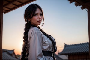 Unohana Retsu stands regally in the foreground, against a backdrop of star-studded night sky, her piercing gaze locking onto the viewer's. A warm smile spreads across her face, framed by long eyelashes and dramatic eyeliner. Her striking features are accentuated by her raven-black kimono and skirt, blending seamlessly with shadows, while her crisp white coat adds elegance. A single braid cascades down her back like a golden river. Her mature figure is emphasized by her generous bust. In the subtle background, Japanese architecture's serene beauty subtly reflects the celestial setting.