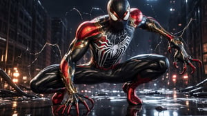 (Spider-Man's Signature Pose), venom, Angry spiderman character, anthropomorphic figure, wearing futuristic, reflection mapping, realistic figure, hyperdetailed, cinematic lighting photography, 32k uhd with a golden staff, red lighting on suit, Broken lens, full_body,