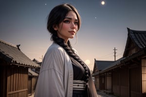 Unohana Retsu stands regally in the foreground, against a backdrop of star-studded night sky, her piercing gaze locking onto the viewer's. A warm smile spreads across her face, framed by long eyelashes and dramatic eyeliner. Her striking features are accentuated by her raven-black kimono and skirt, blending seamlessly with shadows, while her crisp white coat adds elegance. A single braid cascades down her back like a golden river. Her mature figure is emphasized by her generous bust. In the subtle background, Japanese architecture's serene beauty subtly reflects the celestial setting.