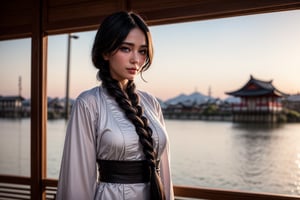 Unohana Retsu stands regally in the foreground, against a backdrop of star-studded night sky, her piercing gaze locking onto the viewer's. A warm smile spreads across her face, framed by long eyelashes and dramatic eyeliner. Her striking features are accentuated by her raven-black kimono and skirt, blending seamlessly with shadows, while her crisp white coat adds elegance. A single braid cascades down her back like a golden river. Her mature figure is emphasized by her generous bust. In the subtle background, Japanese architecture's serene beauty subtly reflects the celestial setting.