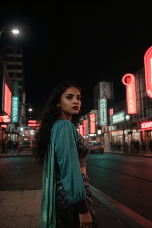 A stylish brown-skinned woman stands out against the sleek, teal-hued cityscape in a Matrix-inspired scene. The warm glow of streetlights and neon signs casts an orange filter over her, creating a striking contrast with the cool urban backdrop. She exudes confidence as she gazes out into the distance, her pose a fusion of strength and sophistication.