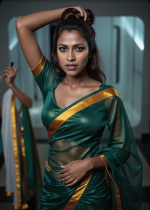 Tron legacy movie style, A stunning portrait of a 25-year-old woman wearing a saree, captured with a Canon 1DX and 50mm f/2.8 lens. The framing of the shot emphasizes her curves as she poses confidently, navel exposed. Soft, natural lighting accentuates her features, while the high-resolution image quality reveals intricate details in the fabric of her attire.,Girl25yo,Futuristic,XChrisx