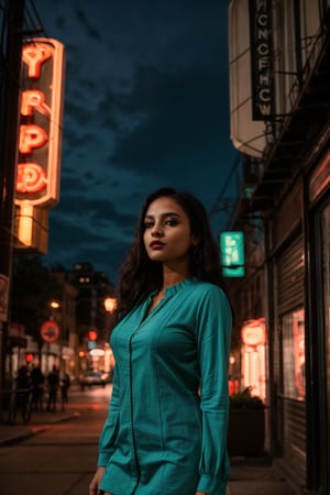 A stylish brown-skinned woman stands out against the sleek, teal-hued cityscape in a Matrix-inspired scene. The warm glow of streetlights and neon signs casts an orange filter over her, creating a striking contrast with the cool urban backdrop. She exudes confidence as she gazes out into the distance, her pose a fusion of strength and sophistication.