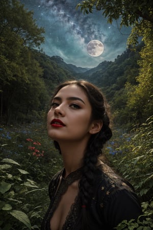 best quality, 4k, high resolution, masterpiece: 1.2, ultra detailed, realistic: 1.37, portrait of sexy girl (wandering), determined face, red lips, beautiful detailed eyes, black hair braided to the side, sexy black clothes, red moon on background, portrait, emerging from the darkness, vibrant colors, lush garden, soft sunlight, whimsical atmosphere, blooming wildflowers, delicate lace details, sexy flowing dress, gentle breeze, mystical aura, ethereal beauty, happy expression, attitude safe, starry night sky, moonlight illuminating the scene, enchanted landscape, peaceful tranquility, majestic and majestic, serene and mysterious, magic and fantasy, seductive and captivating, unforgettable charm, noteworthy and exceptional, inspiring and evocative, unique masterpiece in its kind, dynamic and realistic, subtle and nuanced, immaculate attention to detail, unrivaled craftsmanship, perfect fusion of elements, impressive skill and technique, meticulous and precise, storytelling through art, visual poetry that stimulates the imagination,1girl,Couples,1 girl