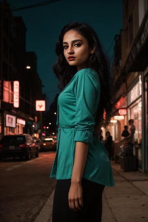 A stylish brown-skinned woman stands out against the sleek, teal-hued cityscape in a Matrix-inspired scene. The warm glow of streetlights and neon signs casts an orange filter over her, creating a striking contrast with the cool urban backdrop. She exudes confidence as she gazes out into the distance, her pose a fusion of strength and sophistication.