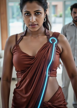 Tron legacy movie style, A stunning portrait of a 25-year-old woman wearing a saree, captured with a Canon 1DX and 50mm f/2.8 lens. The framing of the shot emphasizes her curves as she poses confidently, navel exposed. Soft, natural lighting accentuates her features, while the high-resolution image quality reveals intricate details in the fabric of her attire.,Girl25yo,Futuristic,XChrisx