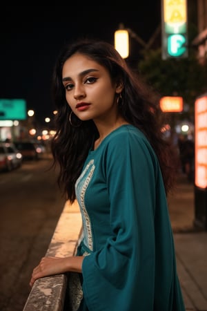 A stylish brown-skinned woman stands out against the sleek, teal-hued cityscape in a Matrix-inspired scene. The warm glow of streetlights and neon signs casts an orange filter over her, creating a striking contrast with the cool urban backdrop. She exudes confidence as she gazes out into the distance, her pose a fusion of strength and sophistication.