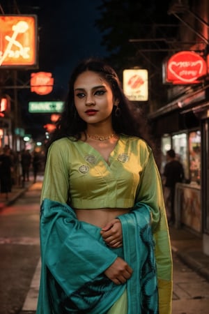 A stylish brown-skinned woman stands out against the sleek, teal-hued cityscape in a Matrix-inspired scene. The warm glow of streetlights and neon signs casts an orange filter over her, creating a striking contrast with the cool urban backdrop. She exudes confidence as she gazes out into the distance, her pose a fusion of strength and sophistication.