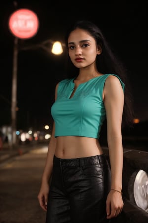 A stylish brown-skinned woman stands out against the sleek, teal-hued cityscape in a Matrix-inspired scene. The warm glow of streetlights and neon signs casts an orange filter over her, creating a striking contrast with the cool urban backdrop. She exudes confidence as she gazes out into the distance, her pose a fusion of strength and sophistication.