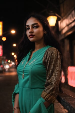 A stylish brown-skinned woman stands out against the sleek, teal-hued cityscape in a Matrix-inspired scene. The warm glow of streetlights and neon signs casts an orange filter over her, creating a striking contrast with the cool urban backdrop. She exudes confidence as she gazes out into the distance, her pose a fusion of strength and sophistication.