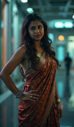 Tron legacy movie style, A stunning portrait of a 25-year-old woman wearing a saree, captured with a Canon 1DX and 50mm f/2.8 lens. The framing of the shot emphasizes her curves as she poses confidently, navel exposed. Soft, natural lighting accentuates her features, while the high-resolution image quality reveals intricate details in the fabric of her attire.,Girl25yo,Futuristic,XChrisx