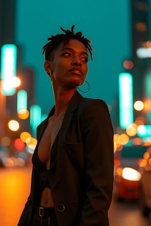 A stylish brown-skinned woman stands out against the sleek, teal-hued cityscape in a Matrix-inspired scene. The warm glow of streetlights and neon signs casts an orange filter over her, creating a striking contrast with the cool urban backdrop. She exudes confidence as she gazes out into the distance, her pose a fusion of strength and sophistication.,Transgender mallu