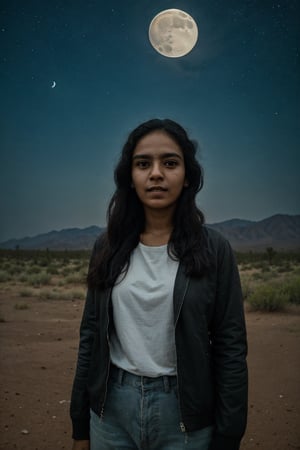 (A girl standing in a desert area:1.2) details in face, perfect eyes, in the night dark night, clear sky, milkyway galaxy, Stary night photography, astrophotography, masterpiece, best quality, ultra-detailed, solo, (night), (stars, moon:1.3), smoke,clear sky, analog style (look at viewer:1.2) (skin texture)  (cool hue and warm tone),1mallugirl,1 girl,Mallugirl,perfect,REALISTIC