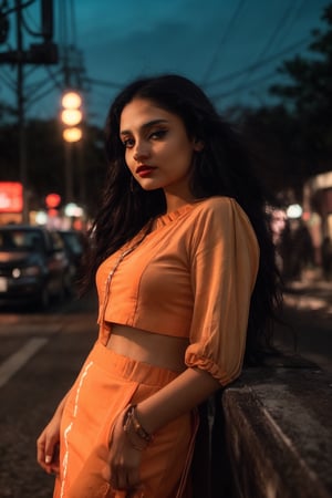 A stylish brown-skinned woman stands out against the sleek, teal-hued cityscape in a Matrix-inspired scene. The warm glow of streetlights and neon signs casts an orange filter over her, creating a striking contrast with the cool urban backdrop. She exudes confidence as she gazes out into the distance, her pose a fusion of strength and sophistication.