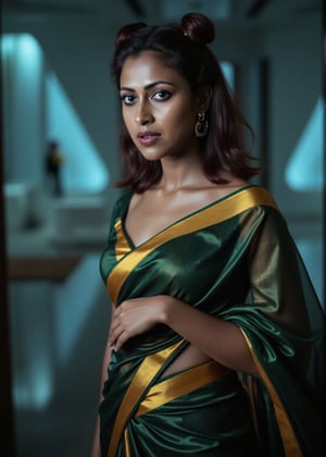 Tron legacy movie style, A stunning portrait of a 25-year-old woman wearing a saree, captured with a Canon 1DX and 50mm f/2.8 lens. The framing of the shot emphasizes her curves as she poses confidently, navel exposed. Soft, natural lighting accentuates her features, while the high-resolution image quality reveals intricate details in the fabric of her attire.,Girl25yo,Futuristic,XChrisx