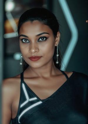 Tron legacy movie style, A stunning portrait of a 25-year-old woman wearing a saree, captured with a Canon 1DX and 50mm f/2.8 lens. The framing of the shot emphasizes her curves as she poses confidently, navel exposed. Soft, natural lighting accentuates her features, while the high-resolution image quality reveals intricate details in the fabric of her attire.,Girl25yo,Futuristic,XChrisx