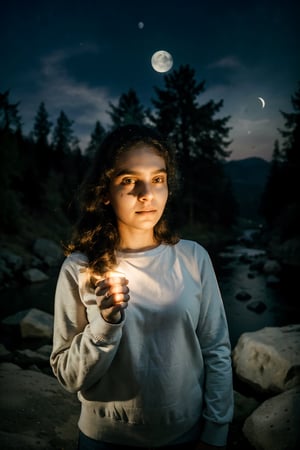 Night, masterpiece, best quality, ultra-detailed, solo, (night), (stars, moon:1.3)gloves, sweater, flashlight, forest, rocks, river, wood, smoke,clear sky, analog style (look at viewer:1.2) (skin texture)  (cool hue and warm tone),1mallugirl,1 girl,Mallugirl,perfect