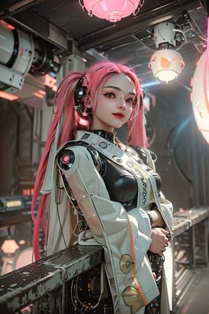 Here is the prompt:

In a neon-drenched cyberpunk world, ((One android girl)) with ((pink twintail hair:1.5)) and ((upper body:1.5)) looks directly at camera with ((looking at camera:1.2)), posing with ((slender boby)) and ((intricate internal structure)) open arms in the cityscape of ((in the cyberstyle city)). She wears an incredibly detailed mecha suit, complete with ((robotic arms)), ((robotic legs)), ((robotic hands)), and ((robotic joint:1.3)), with a bright smile on her face. The scene is set at cinematic angle, looking directly at viewer, with ultra fine quality, a masterpiece in terms of ((photon mapping), (radiosity), (physically- based rendering), and (automatic white balance)). The mecha body glistens under Tron-like lights as vibrant Matrix-inspired hues of electric blue and fiery orange dance across her features, set against the futuristic backdrop of ((future_urban)) and an absurdly detailed saree fully covering her, with navel covered by a transparent saree glistening under lights.