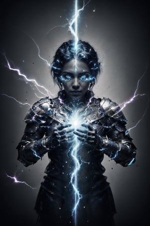 , thundermagic , excessive energy ,  charged aura, 1girl, cyan glowing hair, blue eyes, glowing eyes,fantasy, dissolving, wrath, full body, female, (knight:1.1) , enchanted armor , enchanted sword , ,thundermagic,1mallu girl,1 girl,Mallugirl