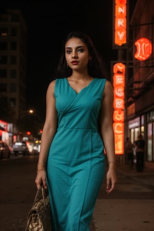 A stylish brown-skinned woman stands out against the sleek, teal-hued cityscape in a Matrix-inspired scene. The warm glow of streetlights and neon signs casts an orange filter over her, creating a striking contrast with the cool urban backdrop. She exudes confidence as she gazes out into the distance, her pose a fusion of strength and sophistication.