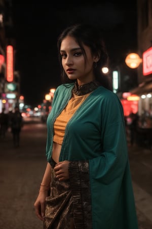 A stylish brown-skinned woman stands out against the sleek, teal-hued cityscape in a Matrix-inspired scene. The warm glow of streetlights and neon signs casts an orange filter over her, creating a striking contrast with the cool urban backdrop. She exudes confidence as she gazes out into the distance, her pose a fusion of strength and sophistication.