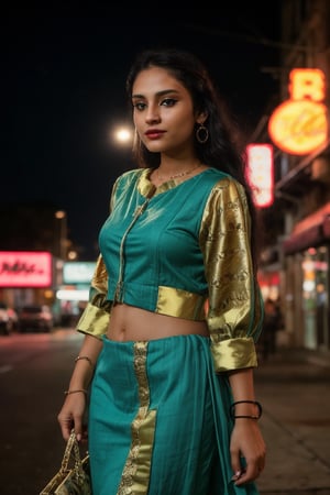 Close up shot, A stylish brown-skinned woman stands out against the sleek, teal-hued cityscape in a Matrix-inspired scene. The warm glow of streetlights and neon signs casts an orange filter over her, creating a striking contrast with the cool urban backdrop. She exudes confidence as she gazes out into the distance, her pose a fusion of strength and sophistication.