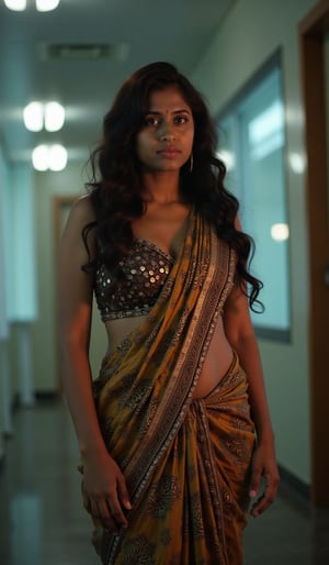 Tron legacy movie style, A stunning portrait of a 25-year-old woman wearing a saree, captured with a Canon 1DX and 50mm f/2.8 lens. The framing of the shot emphasizes her curves as she poses confidently, navel exposed. Soft, natural lighting accentuates her features, while the high-resolution image quality reveals intricate details in the fabric of her attire.,Girl25yo,Futuristic,XChrisx