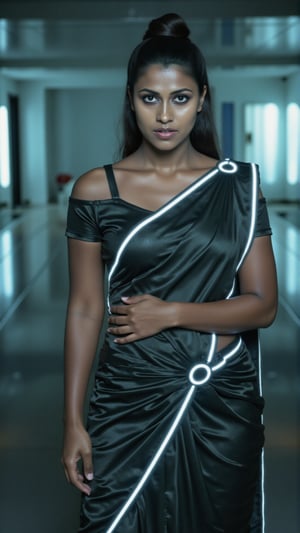 Tron legacy movie style, A stunning portrait of a 25-year-old woman wearing a saree, captured with a Canon 1DX and 50mm f/2.8 lens. The framing of the shot emphasizes her curves as she poses confidently, navel exposed. Soft, natural lighting accentuates her features, while the high-resolution image quality reveals intricate details in the fabric of her attire.,Girl25yo,Futuristic,XChrisx