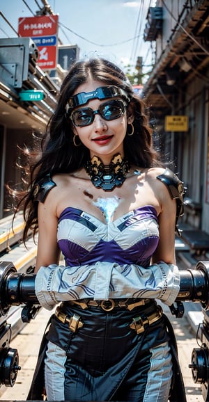 highres, Ultra HD, ultra detailed, cinematic poster, (1girl), ((big smiling and open arms)),((dressed in a dark blue and purple sleeveless strapless mecha bikini)), wearing a sci-fi goggle, blurred high-tech lighting of the future cyberpunk city background , gleaming, sparkling light,wrenchsmechs