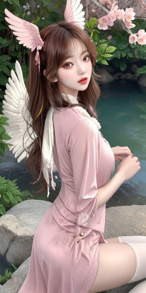 A serene anime-inspired girl, mesugaki in nature, sits cross-legged on a subtle, green-draped platform, viewed from directly below. Her medium-length hair, a mesmerizing multicolored wonder featuring black, pink, and red hues, cascades down her back like a waterfall of vibrant colors. Her striking features, accentuated by a radiant halo, are framed by a delicate pink bow and matching thigh-highs adorned with fur trim. Mechanical wings sprout from her shoulders, their metallic sheen contrasting beautifully with the softness of her hair. A short, flowy dress reveals a necktie and detached sleeves, adding to the whimsical charm. Cherry blossoms bloom around her, creating a peaceful atmosphere. The overall aesthetic is one of surreal beauty, as if plucked straight from an ulzzang or absurdres illustration.
