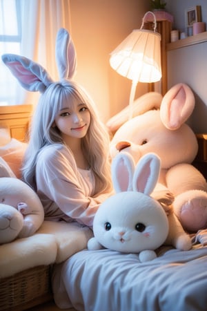 Softly lit bedroom scene featuring a stunning young woman with silver hair and fluffy bunny ears. She sits peacefully amidst a whimsical atmosphere, surrounded by pastel hues and plush toys. A giant rabbit plushie lies beside her, its glassy eyes shining in the warm glow of the bright lighting, accentuating the tender moment.