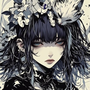 1 girl, black hair, shoulder length hair, brown eyes, serious look, dressed in gothic clothing, black lipstick, black eyeliner, gothic makeup, pose, depressed, gothic art, face only, looking to one side, white cat on her head, gothic art,emoart,dal