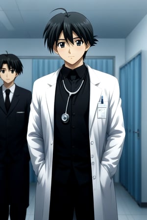 HD, 8k, highres, mantialiasing, Highly detailed, High Quality, masterpiece, beautiful, source_anime, 
BREAK 1boy, male focus, mature man, 30 years old, itou makoto, black hair, black eyes, short hair, 
BREAK Black shirt, doctor uniform, white coat, stethoscope
BREAK inside a hospital,
BREAK front view, standing, focus waist, solo focus,