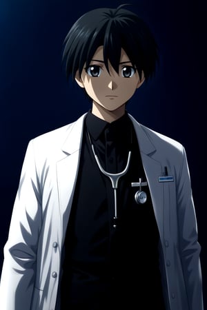 HD, 8k, highres, mantialiasing, Highly detailed, High Quality, masterpiece, beautiful, source_anime, 
BREAK 1boy, male focus, 30 years old, itou makoto, black hair, black eyes, short hair, 
BREAK Black shirt, doctor uniform, white coat, stethoscope
BREAK inside hospital, night, dark environment,
BREAK front view, standing, focus waist, solo focus,