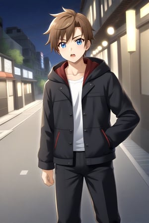 HD, 8k, highres, mantialiasing, Highly detailed, High Quality, masterpiece, beautiful, source_anime, 
BREAK 1boy, solo, (young man, male focus, 16 years old), (Yae Karonji:1.5), long hair, male chest, grey eyes, Brown hair, short hair, shirt, 
BREAK street, outdoors, night, 
BREAK long sleeves, jacket, full body, l  pants, hood, black jacket, black pants, 
BREAK standing, dutch angle, looking_at_viewer, serious, Open mouth, one arm on the waist, cowboy shot, Upper body 
