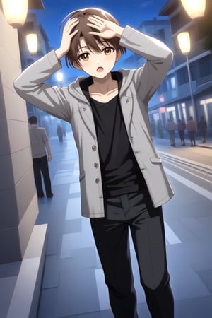 HD, 8k, highres, mantialiasing, Highly detailed, High Quality, masterpiece, beautiful, source_anime, 
BREAK 1boy, solo, (young man, male focus, 16 years old), yuuki ashikaga, long hair, male chest, faceless, Brown hair, short hair, shirt, 
BREAK street, outdoors, night, moon,
BREAK long sleeves, jacket, full body, pants, hood, grey jacket, black pants, 
BREAK standing, dutch angle, looking_at_viewer, Open mouth, one arm on the waist, cowboy shot, Upper body, back view, head up,