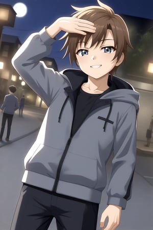 HD, 8k, highres, mantialiasing, Highly detailed, High Quality, masterpiece, beautiful, source_anime, 
BREAK 1boy, solo, (young man, male focus, 16 years old), Yae Karonji, male chest, grey eyes, Brown hair, short hair, 
BREAK street, outdoors, night, moon, 
BREAK long sleeves, jacket, pants, hood, grey jacket, black pants, 
BREAK standing, dutch angle, one arm on the waist, cowboy shot, Upper body, front view, head up, From behind, looking at the viewer, smug face