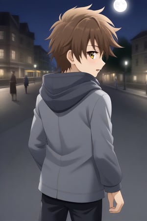 HD, 8k, highres, mantialiasing, Highly detailed, High Quality, masterpiece, beautiful, source_anime, 
BREAK 1boy, solo, (young man, male focus, 16 years old), Yae Karonji, male chest, ((facelees)), Brown hair, short hair, 
BREAK street, outdoors, night, moon, 
BREAK long sleeves, jacket, pants, hood, grey jacket, black pants, 
BREAK standing, dutch angle, cowboy shot, Upper body, back view, From behind, looking at the viewer, 