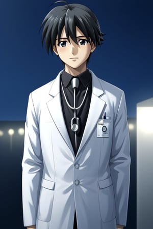 HD, 8k, highres, mantialiasing, Highly detailed, High Quality, masterpiece, beautiful, source_anime, 
BREAK 1boy, male focus, mature man, 30 years old, itou makoto, black hair, black eyes, short hair, 
BREAK Black shirt, doctor uniform, white coat, stethoscope
BREAK inside hospital, night, dark environment,
BREAK front view, standing, focus waist, solo focus,