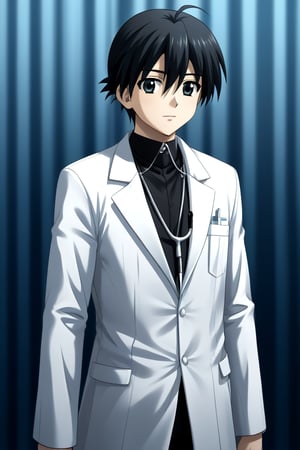 HD, 8k, highres, mantialiasing, Highly detailed, High Quality, masterpiece, beautiful, source_anime, 
BREAK 1boy, male focus, 16 years old, itou makoto, black hair, black eyes, short hair, 
BREAK Black shirt, doctor uniform, white coat, stethoscope
BREAK inside hospital, night, dark environment,
BREAK front view, standing, focus waist, solo focus,