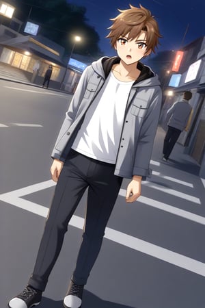 HD, 8k, highres, mantialiasing, Highly detailed, High Quality, masterpiece, beautiful, source_anime, 
BREAK 1boy, solo, (young man, male focus, 16 years old), (Yae Karonji:1.5), long hair, male chest, grey eyes, Brown hair, short hair, shirt, 
BREAK street, outdoors, night, 
BREAK long sleeves, jacket, full body, pants, hood, grey jacket, black pants, 
BREAK standing, dutch angle, looking_at_viewer, serious, Open mouth, one arm on the waist, cowboy shot, Upper body 
