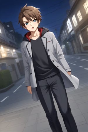 HD, 8k, highres, mantialiasing, Highly detailed, High Quality, masterpiece, beautiful, source_anime, 
BREAK 1boy, solo, (young man, male focus, 16 years old), (Yae Karonji:1.5), long hair, male chest, grey eyes, Brown hair, short hair, shirt, 
BREAK street, outdoors, night, 
BREAK long sleeves, jacket, full body, pants, hood, grey jacket, black pants, 
BREAK standing, dutch angle, looking_at_viewer, serious, Open mouth, one arm on the waist, cowboy shot, Upper body 
