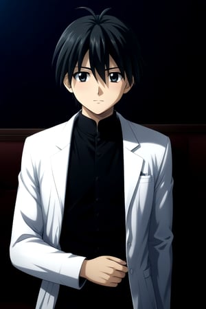 HD, 8k, highres, mantialiasing, Highly detailed, High Quality, masterpiece, beautiful, source_anime, 
BREAK 1boy, male focus, 16 years old, itou makoto, black hair, black eyes, short hair, 
BREAK Black shirt, doctor uniform, white coat,
BREAK couch, night, dark environment,
BREAK front view, standing, focus waist, solo focus,