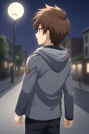 HD, 8k, highres, mantialiasing, Highly detailed, High Quality, masterpiece, beautiful, source_anime, 
BREAK 1boy, solo, (young man, male focus, 16 years old), Yae Karonji, male chest, ((facelees)), Brown hair, short hair, 
BREAK street, outdoors, night, moon, 
BREAK long sleeves, jacket, pants, hood, grey jacket, black pants, 
BREAK standing, dutch angle, cowboy shot, Upper body, back view, From behind, looking at the viewer, 