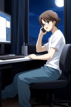 HD, 8k, highres, mantialiasing, Highly detailed, High Quality, masterpiece, beautiful, source_anime, 
BREAK inside the bedroom, desktop computer, table, curtain, Windows, night, dark environment, moon,
BREAK  1boy, solo, male focus, 16 years old, yuuki ashikaga, brown hair, brown eyes, short hair, glasses,
BREAK pants, white T-shirt,
BREAK looking SIDE, sitting on the chair, solo focus, From SIDE, nervous face, ((talking on phone:1.2 )), boy looking at his computer,