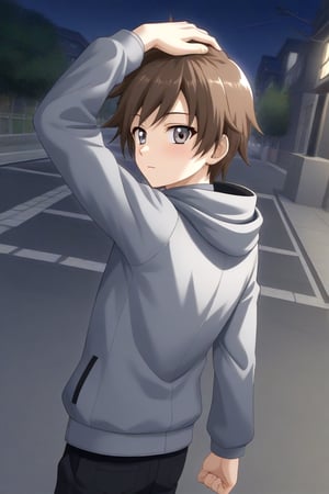 HD, 8k, highres, mantialiasing, Highly detailed, High Quality, masterpiece, beautiful, source_anime, 
BREAK 1boy, solo, (young man, male focus, 16 years old), Yae Karonji, male chest, grey eyes, Brown hair, short hair, 
BREAK street, outdoors, night, moon, 
BREAK long sleeves, jacket, pants, hood, grey jacket, black pants, 
BREAK standing, dutch angle, one arm on the waist, cowboy shot, Upper body, back view, head up, From behind, looking at the viewer,