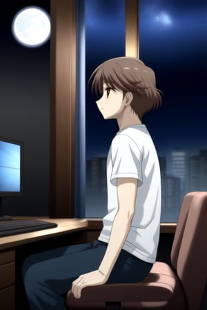 HD, 8k, highres, mantialiasing, Highly detailed, High Quality, masterpiece, beautiful, source_anime, 
BREAK inside the bedroom, desktop computer, table, curtain, Windows, night, dark environment, moon,
BREAK  1boy, solo, male focus, 16 years old, yuuki ashikaga, brown hair, brown eyes, short hair,   
BREAK pants, white T-shirt,
BREAK looking SIDE, sitting on the chair, solo focus, From SIDE, seri, talking on phone,