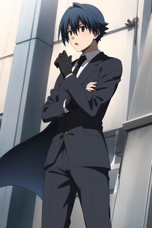 Highly detailed, High Quality, Masterpiece, beautiful,
BREAK 1boy, solo, (young man), (16 old), makoto itou, (blue hair:1.8), (black eyes), (short hair), male focus, serious look,
BREAK (black suit), gloves, Black pants,
BREAK looking_at_viewer :o, open_mouth, schooldays, focus waist,